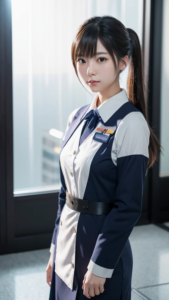 A beautiful young Japanese woman, around 20 years old, wearing a stewardess uniform, ultra-detailed, 8K resolution, highly realistic, cinematic lighting, best quality, masterpiece, photorealistic, physically-based rendering, extremely detailed, vivid colors, professional, sharp focus, studio lighting