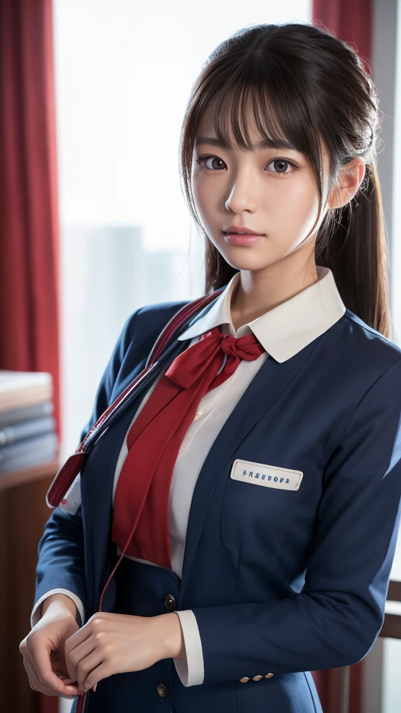 A beautiful young Japanese woman, around 20 years old, wearing a stewardess uniform, ultra-detailed, 8K resolution, highly realistic, cinematic lighting, best quality, masterpiece, photorealistic, physically-based rendering, extremely detailed, vivid colors, professional, sharp focus, studio lighting