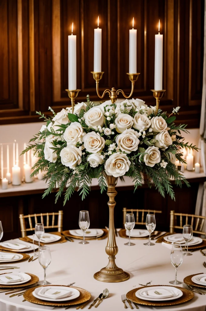 Candelabra for civil wedding centerpiece with white flower and green pine tree with red rose in the middle that looks elegant