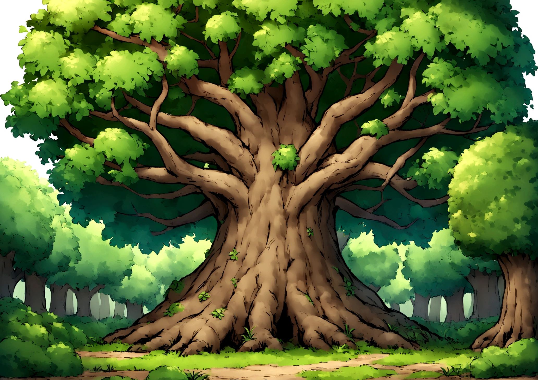 create a background for a fantasy medieval game in the center is a big tree in a forest filled with bushes and plants the front is flat ground with dirt make sure there's no white background and make it eye level make the tree is highly detailed as well as add medium distance between us and the tree make the main center tree have mmanyt skinny branches popping out