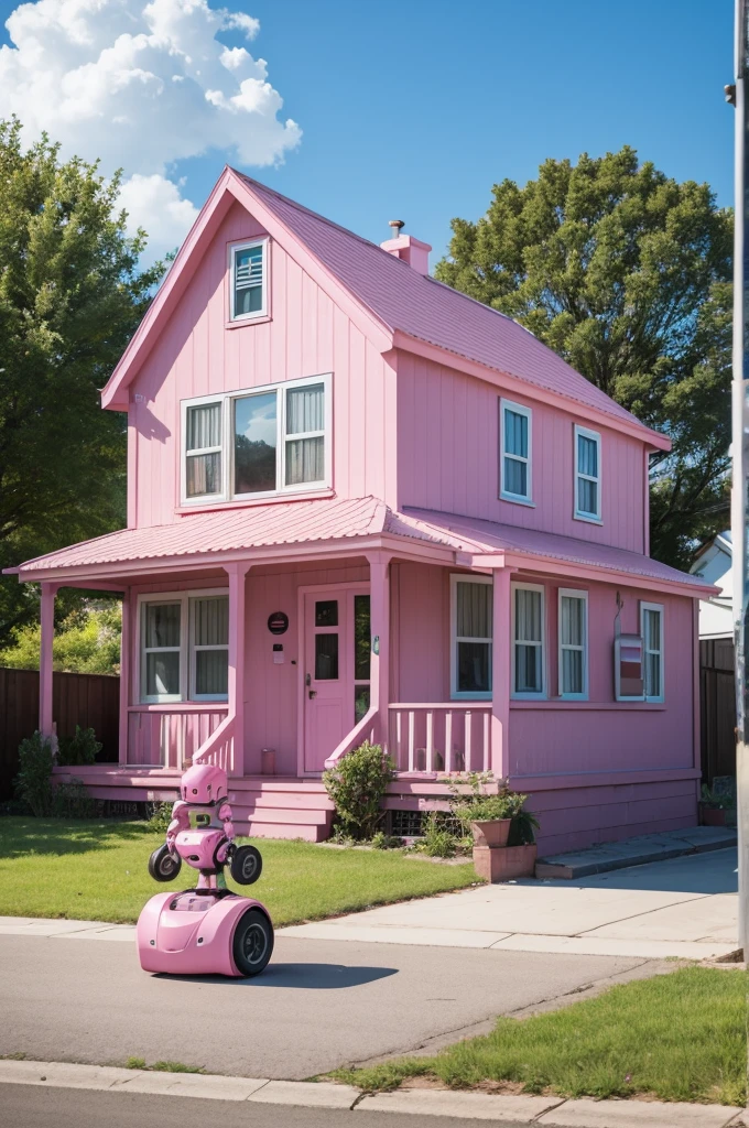 Pink house with a robot in front