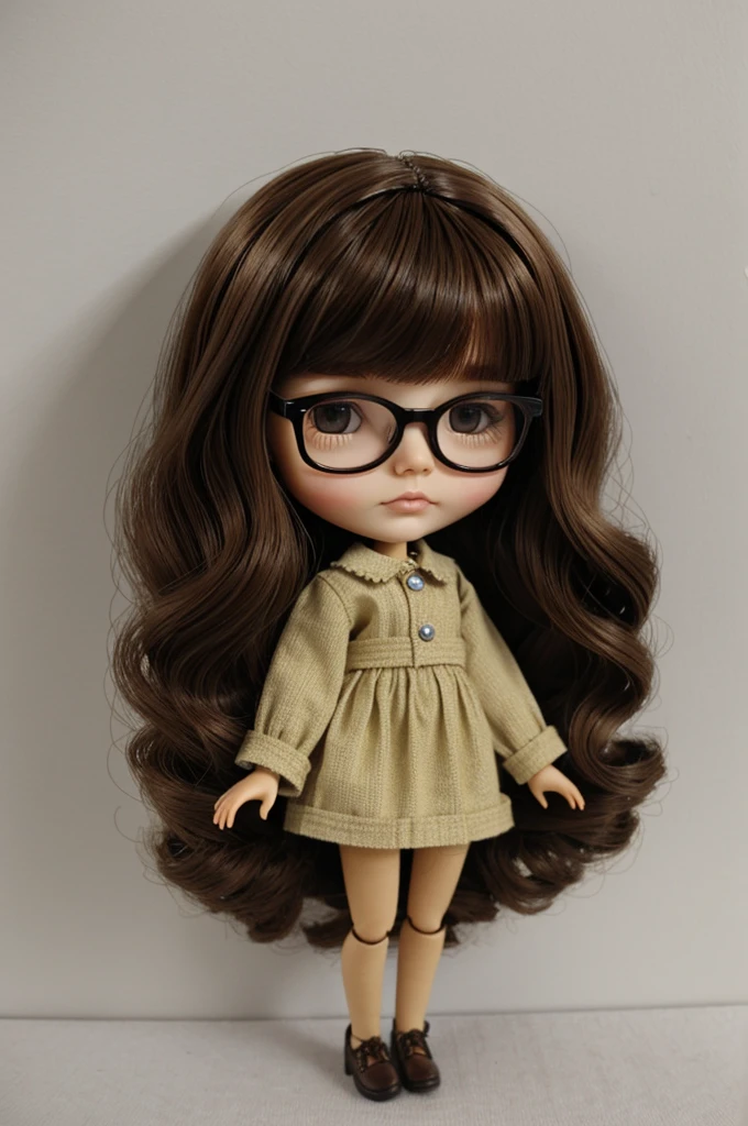 blythe doll with brown hair, long, smooth and without fringe. With glasses and small eyes. 