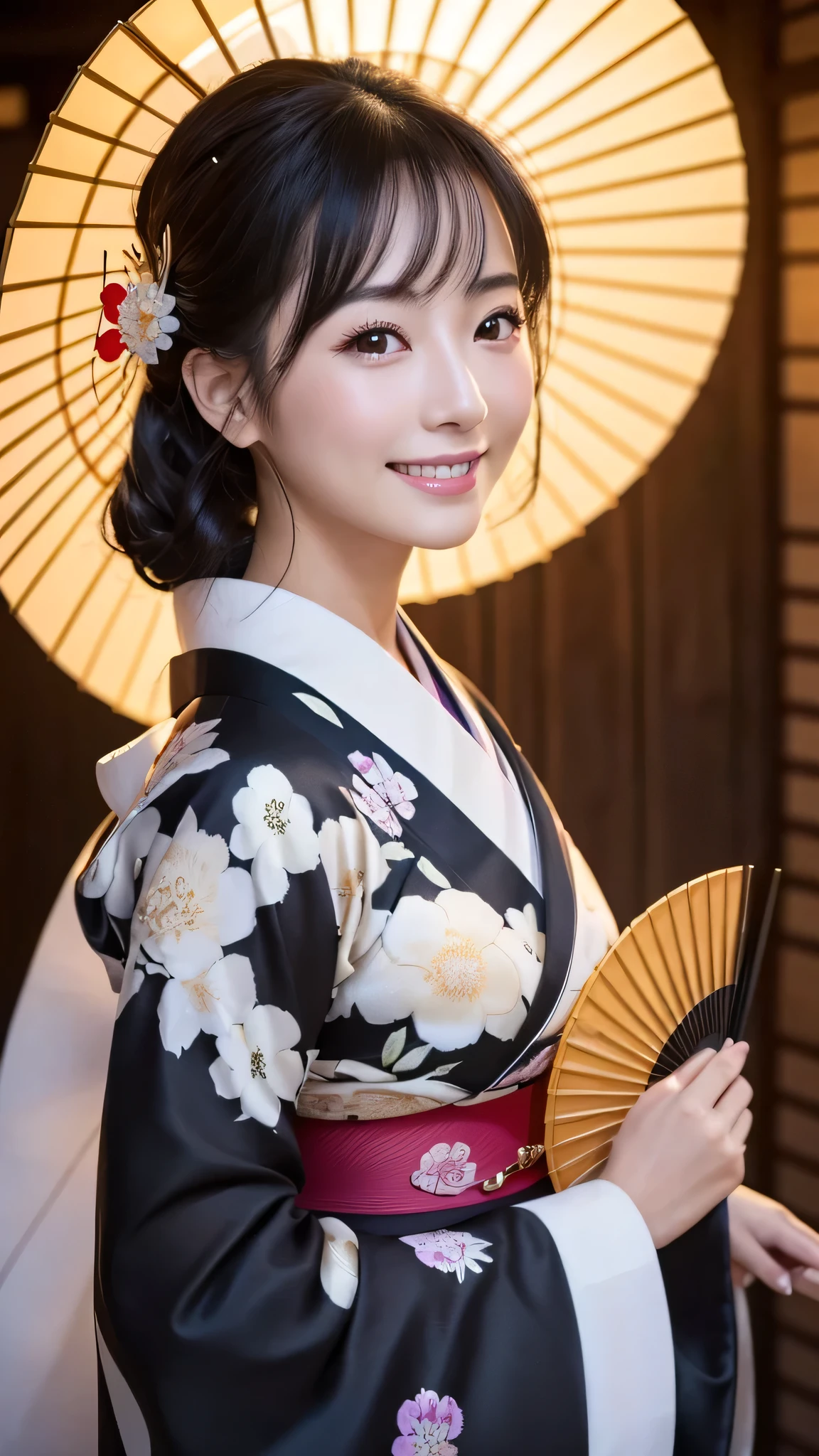 (Super beautiful woman in kimono)、((highest quality、8K masterpiece:1.3))、sharp focus:1.2、(super beautiful face:1.0)、(shiny skin:1.0)、realistic pictures、black hair、video lighting、High resolution eyes and face、video lighting、japanese actress、from the front、with a happy smile、whole body、wearing a kimono、in Kyoto、(luxury obi)、with a fan