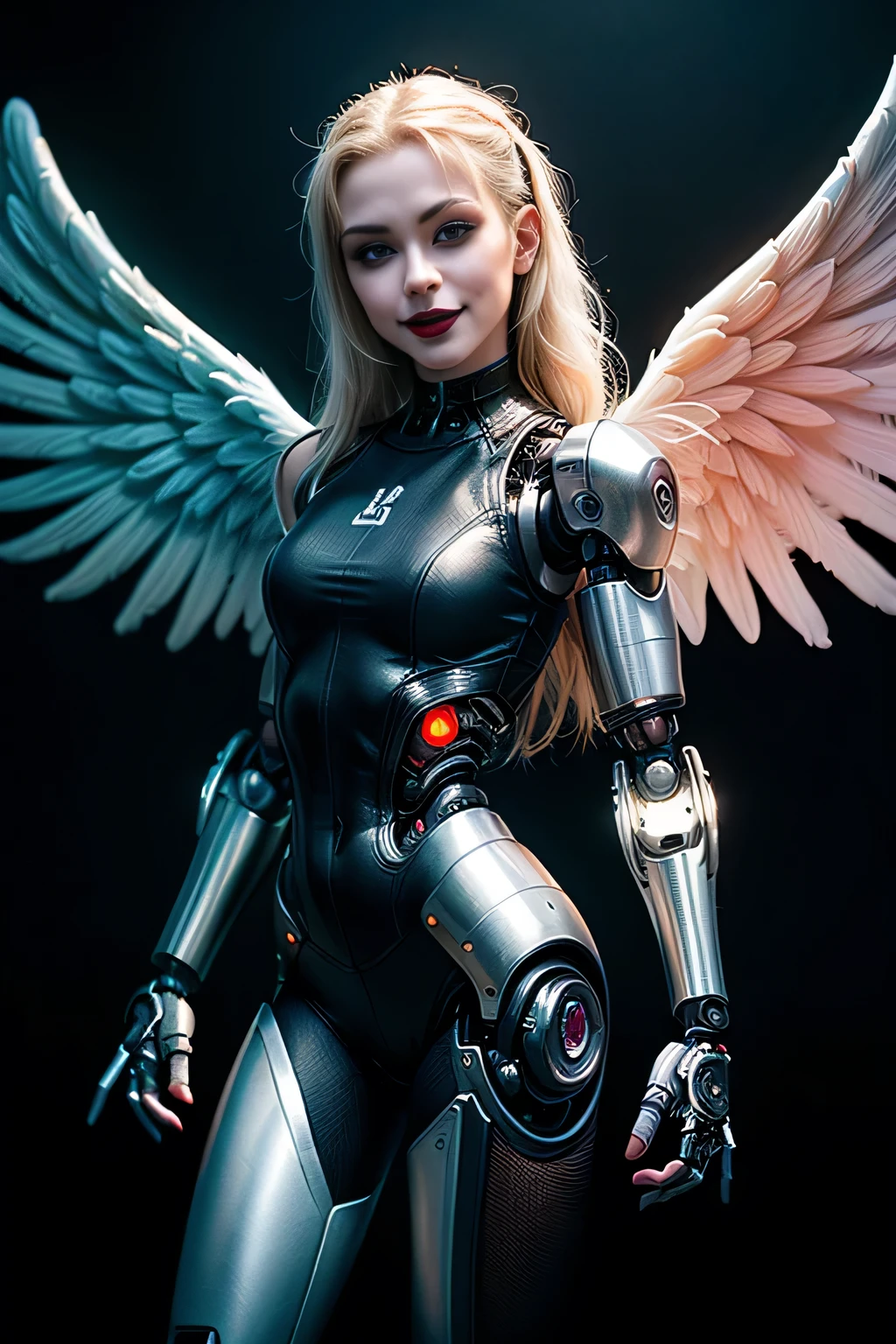(masterpiece, photorealistic:1.4, extremely intricate:1.3, radiosity, photon mapping, dtx, 8K), ((((solo, 1girl) athletic assassin, (albino, albino, smirking, black lipstick, (mechanical arm, cyborg, angel wings))), makeup:1.0)), dark room, dark background, black background, solo, 