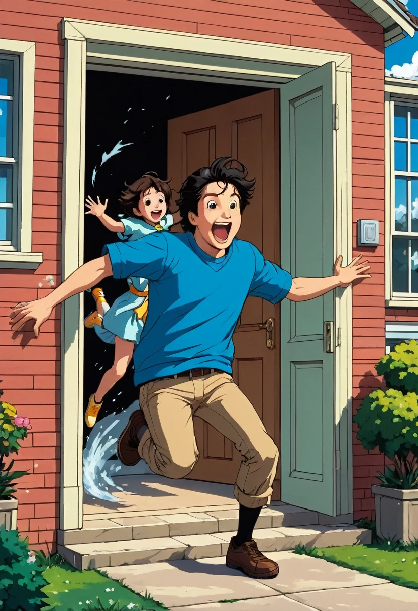 young black-haired adult jumping out of the house with a brown-haired hanging on his back and next to them a young black-haired adult smiling