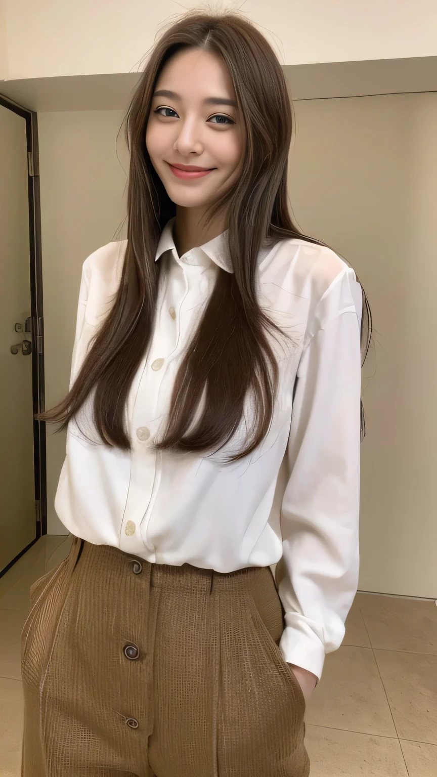 seed:2020674263.((Full body angle:1.1)).((Highest quality, 8K, masterpiece:1.3)), ((from below:1.1)).concentrated:1.2, Perfect body beauty:1.4, Hips:1.2, ((Delicate Hair)), (Colorful button-through crop shirt :1.1) , ((Highest quality、8k、masterpiece:1.3))、1 Girl、A sloppy smile、Esbian all over、Slim face、Big Boobs、Beautiful woman、(Dark Brown Hair)、Long Hair、1.1、Flickering Valley、Detailed eyes、double eyelid、Blurred Background、超Slim face、Smile、Looking down、stroll、