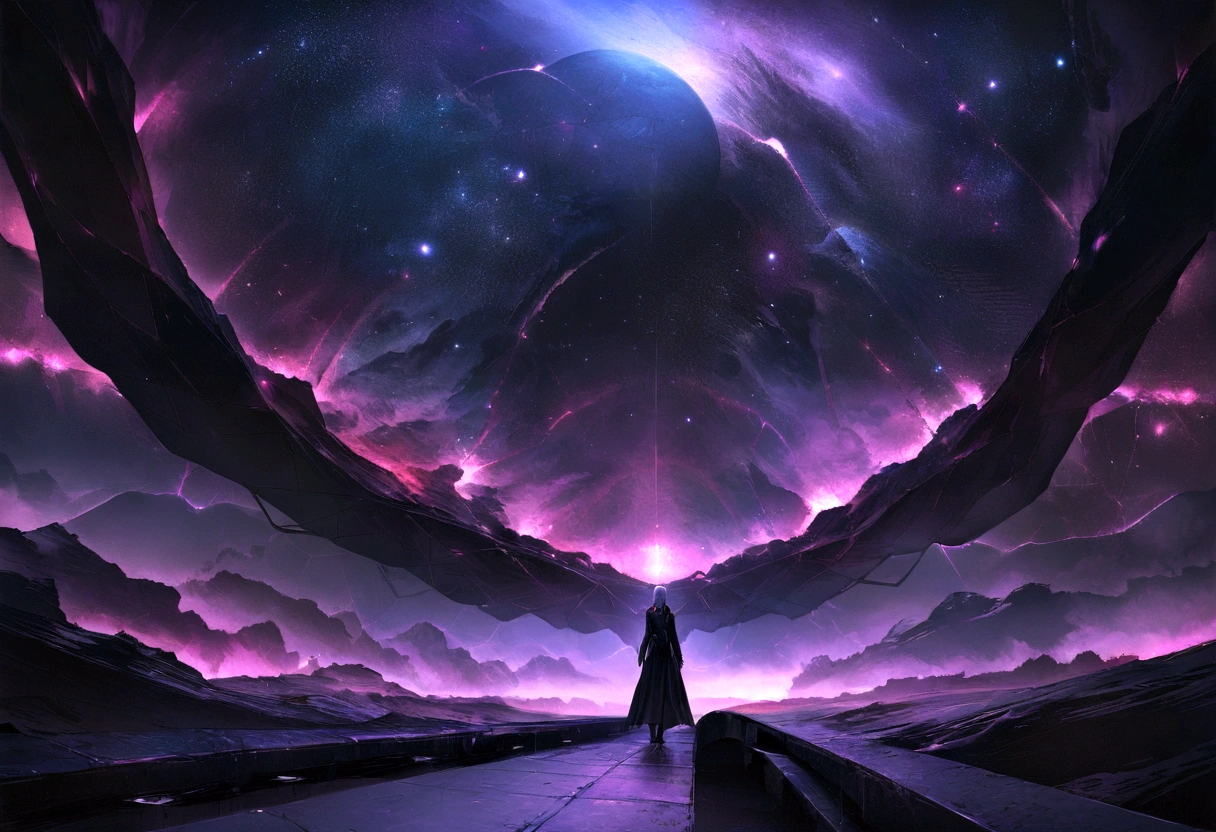 8k, masterpiece, best quality, realistic, higly detailed, landscape, dark energy floo, a gray concrete platform, with twenty bridges connecting it, flying over an abyss of dark energy, starry sky, dark no light