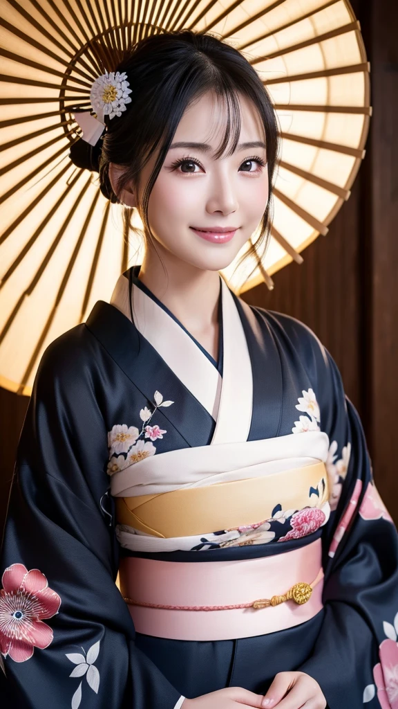 (Super beautiful woman in kimono)、((highest quality、8K masterpiece:1.3))、sharp focus:1.2、(super beautiful face:1.0)、(shiny skin:1.0)、realistic pictures、black hair、video lighting、High resolution eyes and face、video lighting、japanese actress、from the front、with a happy smile、whole body、wearing a kimono、in Kyoto、(luxury obi)、with a fan