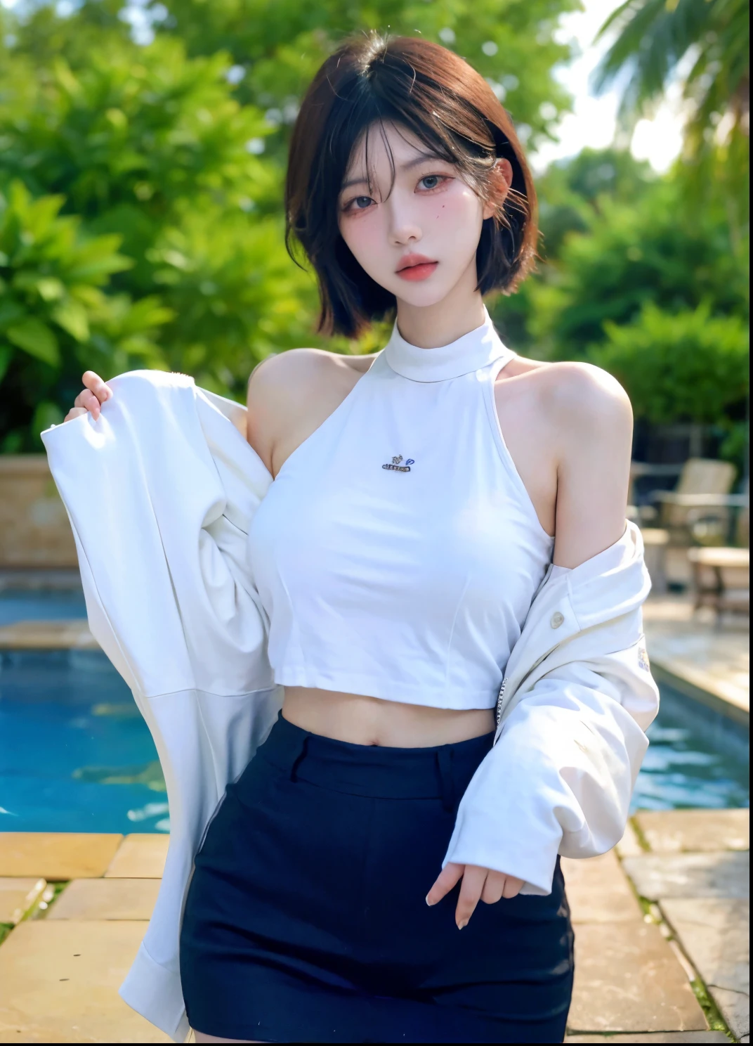 Beautiful woman with perfect figure:1.4，Ultra-high resolution，Put your hands behind your back，Swimming background，（Realism:1.4)，perspective，Layered hairstyle，Snow white skin，JK:1.5，Super short pleated skirt，whole body：1.4，Very delicate and skin texture，Double eyelids，Skin Whitening，Long hair，White hair
