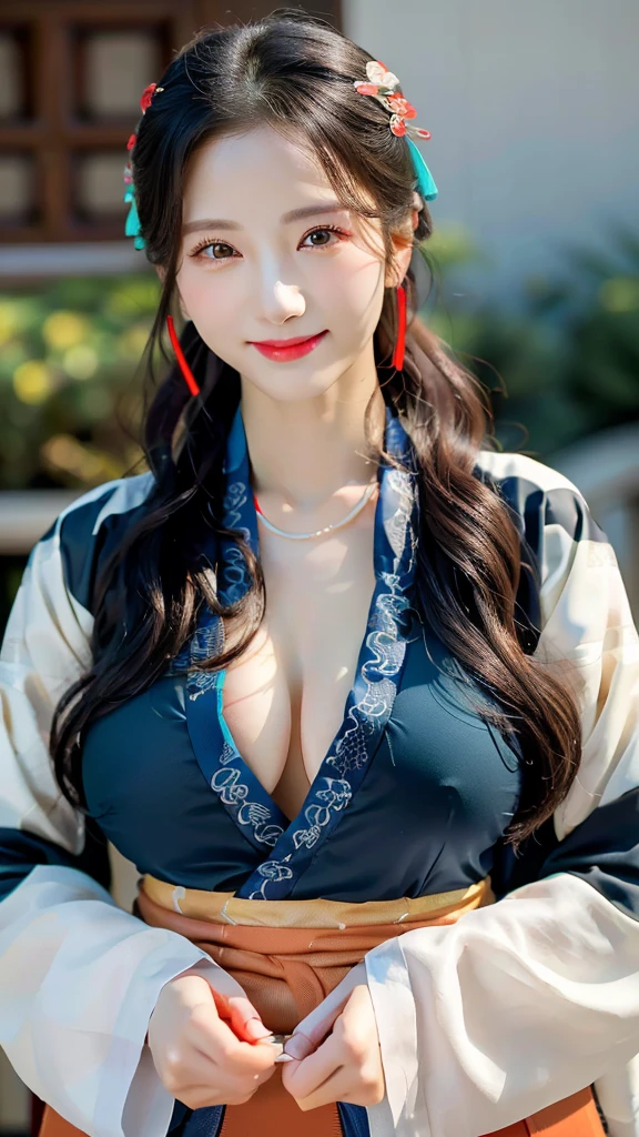 1 girl, national foundation, (hotel background), ((32k, raw, masterpiece: 1.5)), (Professional photography, sharp:1.2), Perfect dynamic composition, (Natural sun light), (soft shadow), (Perfect body:1.4), (((skinny figure))), ((huge round breasts: 1.2)), (((((black long curly hair))))), Ultra-detailed faces and skin, perfect asian, White skin, (Delicate skin:1.4), (latex skin:0.4), (perfect glowing skin:0.6), light brown eyes, beautiful eyes, round eyes, pretty face, blush, glossy lips, glossy eyes, Perfectly proportioned face, Really moist skin, Refined expression, (((huge smile at the camera))), looking at camera, Refined expression, Elegant necklace, Elegant earrings, minimalist, ((((blue and red hanfu))))