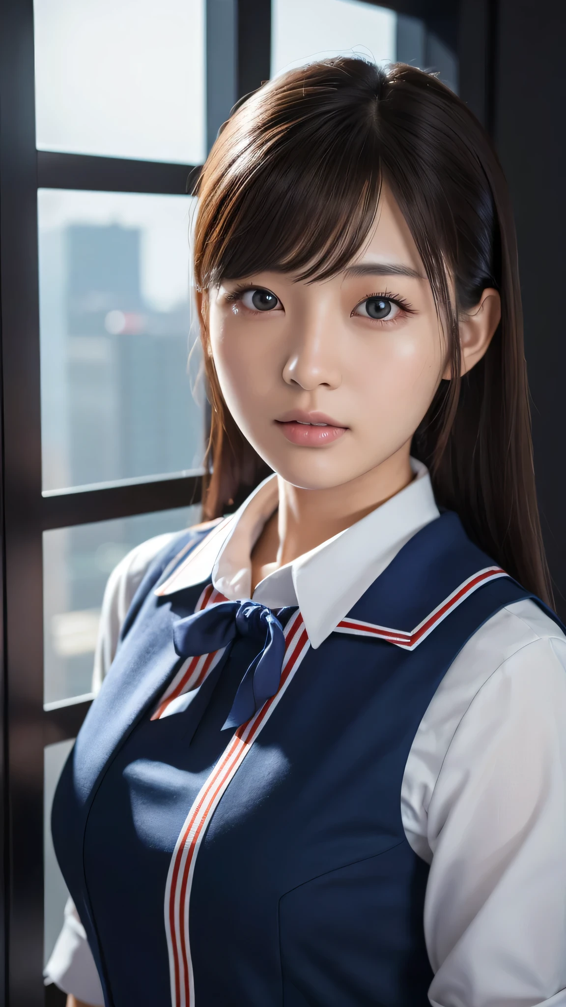 A beautiful young Japanese woman, around 20 years old, wearing a stewardess uniform, ultra-detailed, 8K resolution, highly realistic, cinematic lighting, best quality, masterpiece, photorealistic, physically-based rendering, extremely detailed, vivid colors, professional, sharp focus, studio lighting