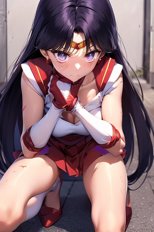 (Very detailed),Mid-chest, Detailed hands, Sailor Mars,I'm injured、On one knee、(((Crippling)))、(((Her costume is torn and her skin is showing)))、Bleeding、enduring pain、(((Hands tied)))、He is in agony after receiving a fierce attack from the enemy.