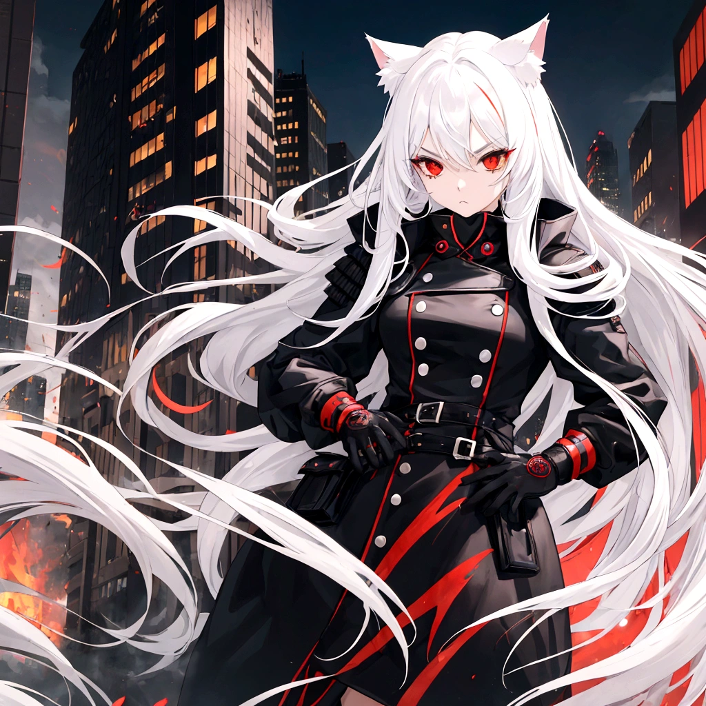 1 girl, beautiful, cool, intimidation, long hair, white hair, cat ear, red eye, black jacket, black gloves, city, anime