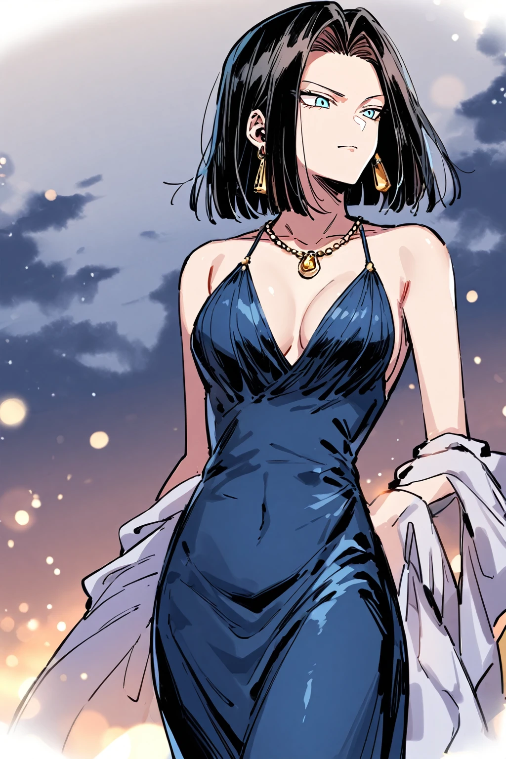 Android 17, e Cup sized breasts, evening dress, earrings, necklace