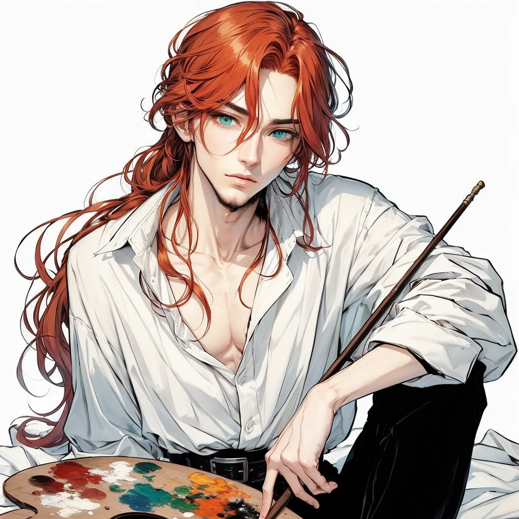 I want a manhwa style full body image of a 19th century painter man, he must have long red hair and aqua green eyes. your style is sensual and beautiful with the white shirt slightly open. quero uma imagem full body 