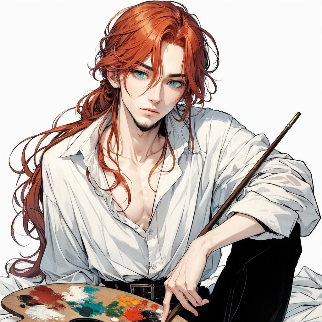 I want a manhwa style full body image of a 19th century painter man, he must have long red hair and aqua green eyes. your style is sensual and beautiful with the white shirt slightly open. quero uma imagem full body 