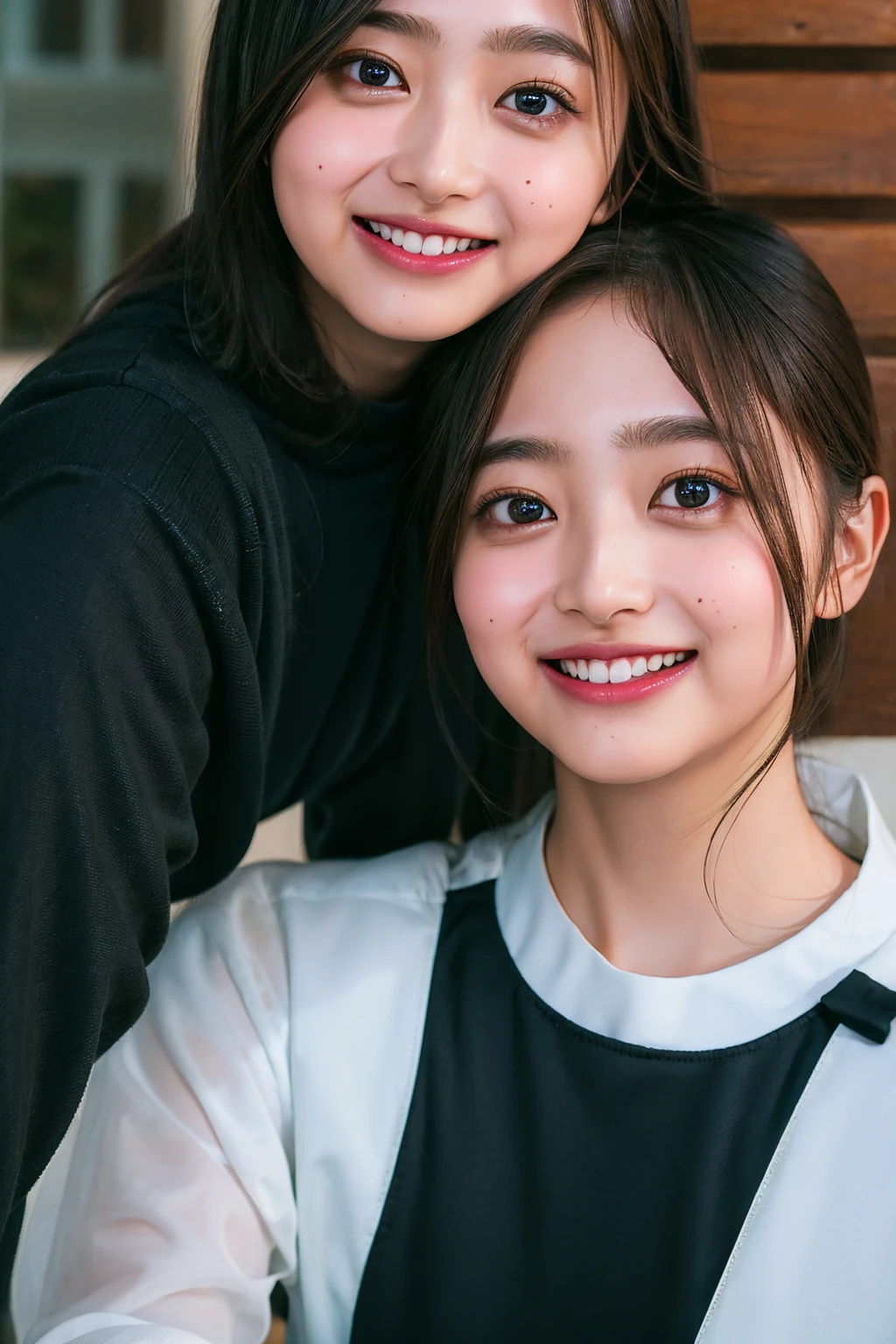 Ultra-high resolution,big eyes,((brown eyes)),Japanese,(a girl),(1 girl),(()),(cute),pretty,((facing at viewer)),arms behind back,grin,(((black clothes)))