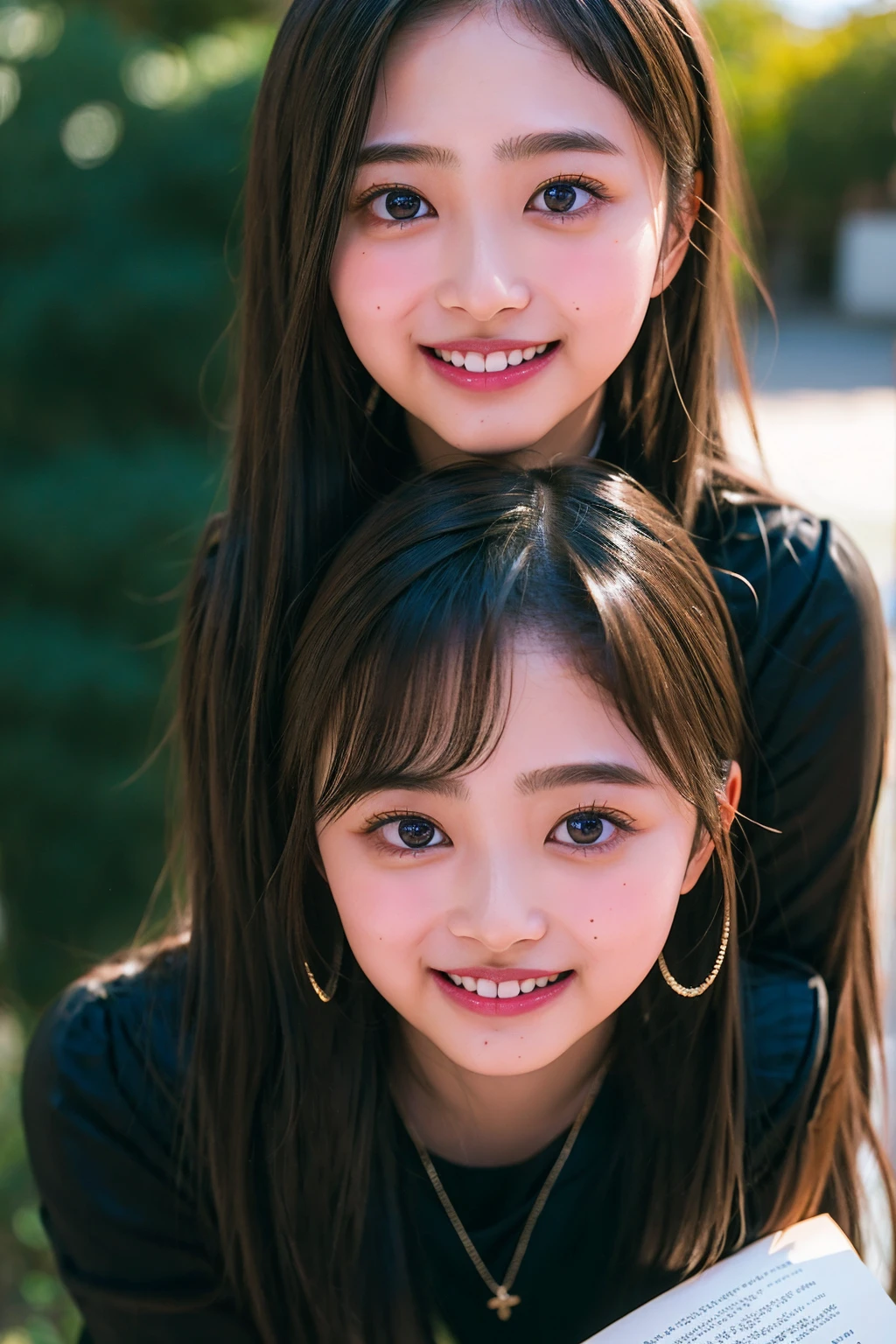 Ultra-high resolution,big eyes,((brown eyes)),Japanese,(a girl),(1 girl),(()),(cute),pretty,((facing at viewer)),arms behind back,grin,(((black clothes)))