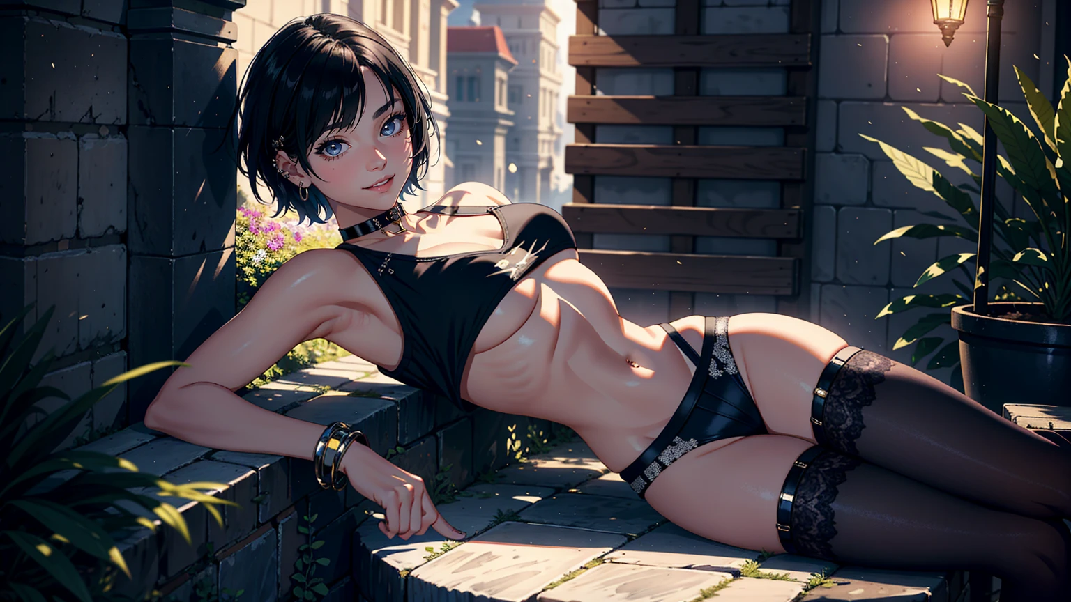 masterpiece, top-quality, Detailed details, Detailed landscapes, beatiful lights, Beautiful Shadows, 1girl in, 23years old,Black eyes,Mischievous smile, eye liner,Short hair,bangle,a choker,piercings,hotpants,(Ultra-low rise),TShirt, Navel Ejection,detailed skin textures, Tyndall effect