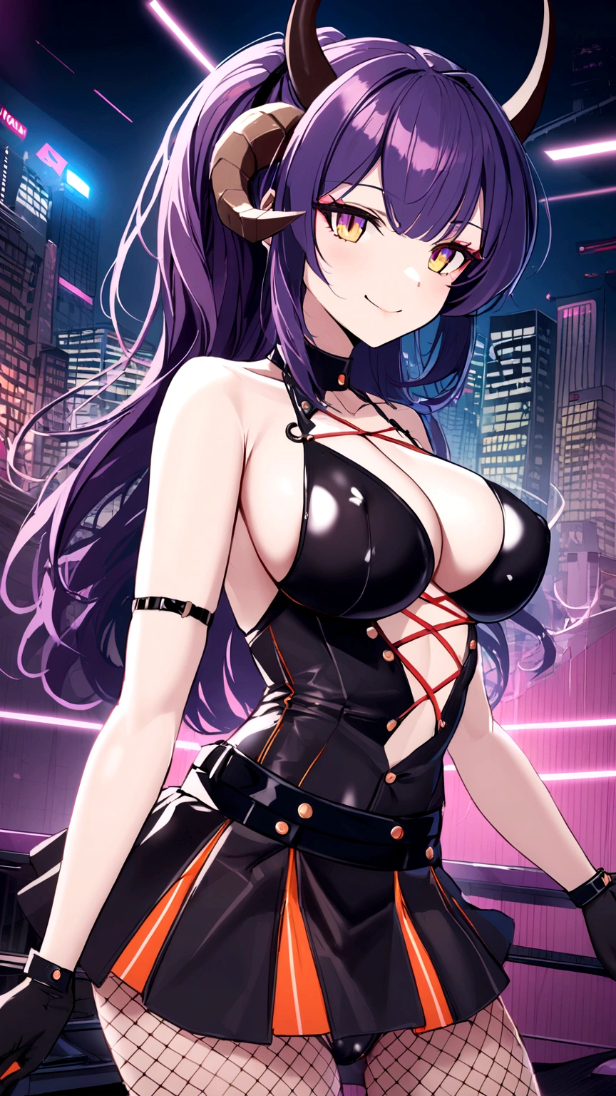 1 girl, act, blue track, dragon horns, bangss, bared shoulders, black gloves, breastsout, big breastsout , Broad Hips, collant preto playboy, collant de coelho, fishnet pantyhose, ((strip There is not)), There is not, ((There is not dance)), yellow eyes, ssmile, Inside the house, neon, stripclub