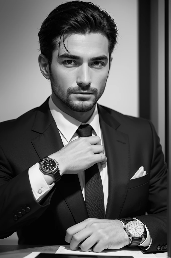 Man looking at his watch in a suit , black and white drawing