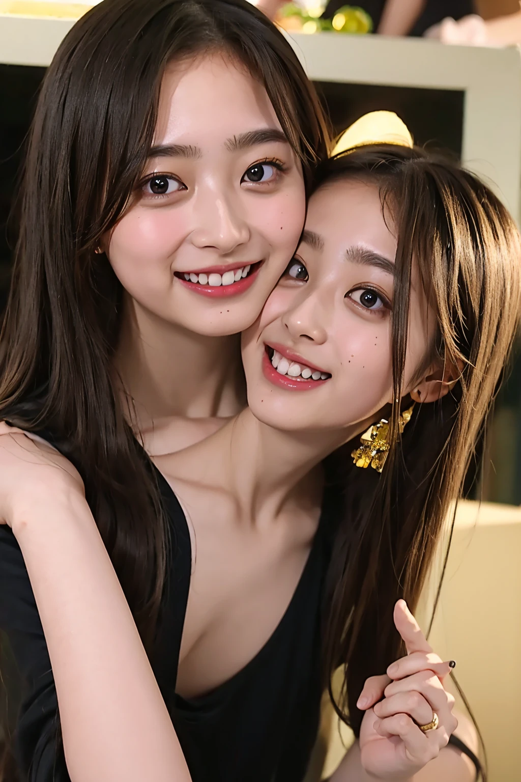 Ultra-high resolution,big eyes,((brown eyes)),Japanese,(a girl),(1 girl),(()),(cute),pretty,((facing at viewer)),arms behind back,grin,(((black clothes)))