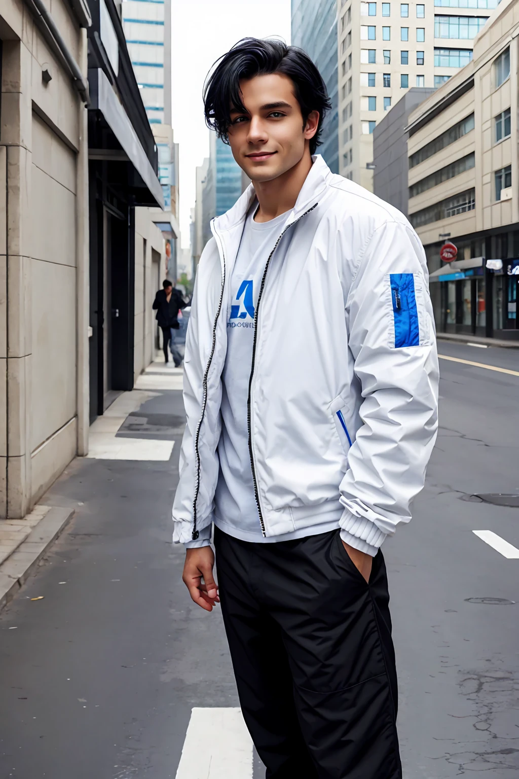 1male , Black Hair , Happy expression , muscular , baggy white jacket , blue eyes , modern city background , standing on sidewalk , modern undercut hair , messy hair