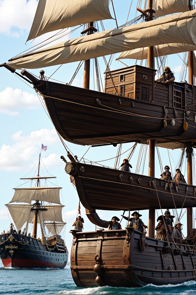 Three pirates loading wooden boxes onto a pirate ship before setting sail