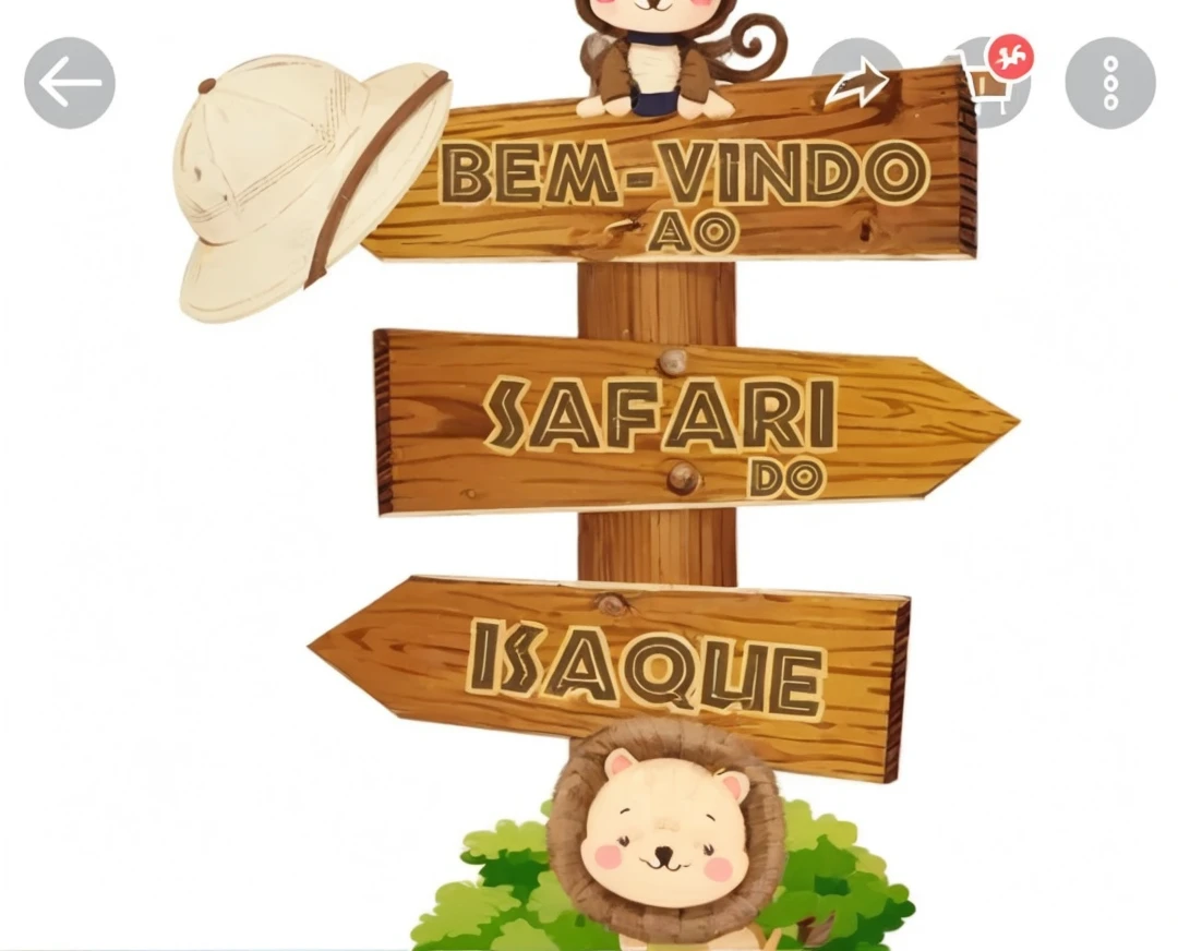 Create an image of a sign with three arrows.
The first image is on top of the plate. With an arrow facing left and the text written Welcome.
The second arrow is in the middle, facing right and with the text in the center On Safari.
The third image is below, facing left and with Heitor's written text.
The board material is wood, She has an illustration of a playful children's elephant below. And a playful monkey above.