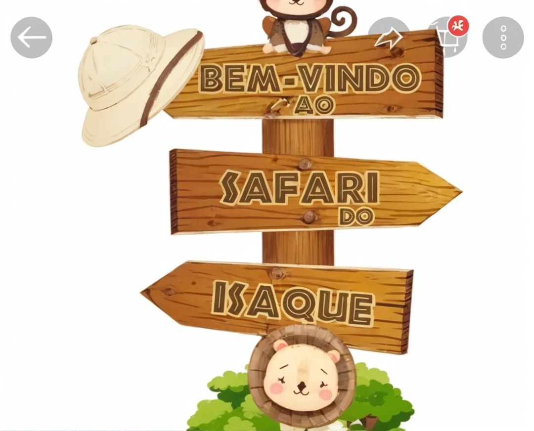 Create an image of a sign with three arrows.
The first image is on top of the plate. With an arrow facing left and the text written Welcome.
The second arrow is in the middle, facing right and with the text in the center On Safari.
The third image is below, facing left and with Heitor&#39;s written text.
The board material is wood, She has an illustration of a playful children&#39;s elephant below. And a playful monkey above.
