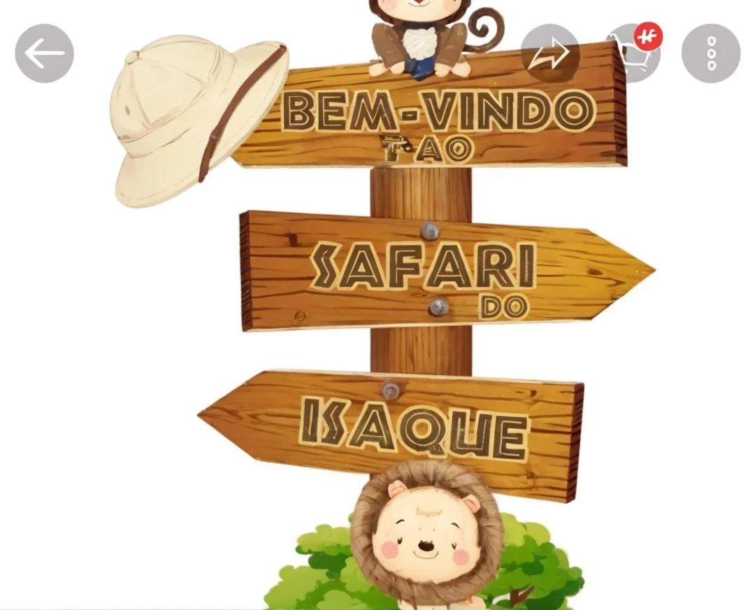Create an image of a sign with three arrows.
The first image is on top of the plate. With an arrow facing left and the text written Welcome.
The second arrow is in the middle, facing right and with the text in the center On Safari.
The third image is below, facing left and with Heitor's written text.
The board material is wood, She has an illustration of a playful children's elephant below. And a playful monkey above.