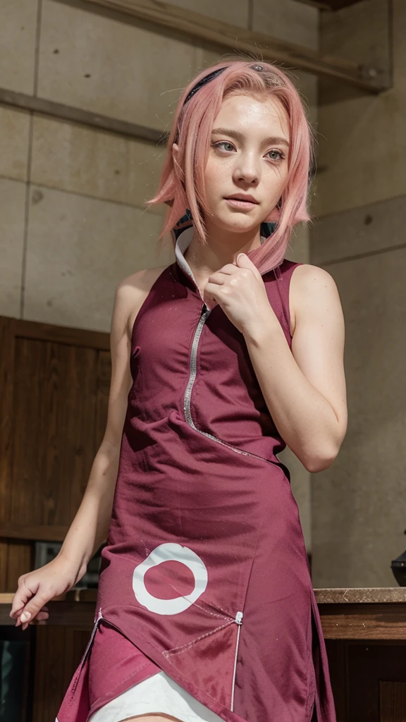 12 year old GIRL;  tied hair, PINK HAIR, light green eyes; Dark red dress with thin white hem, looks like Sakura from Naruto https://pm1.aminoapps.com/6563/681ff59501d3a1ea2d2c1541a0fc3d89813f936b_00.jpg ,frontal and  photo