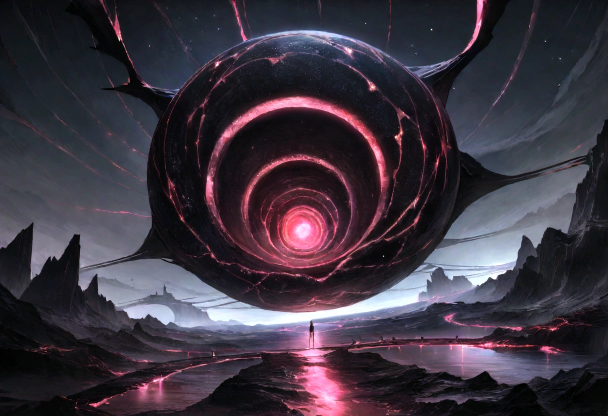 8k, masterpiece, best quality, realistic, higly detailed, landscape, dark energy floo, a gray concrete platform, with twenty bridges connecting it, flying over an abyss of dark energy, starry sky, lightless, no light