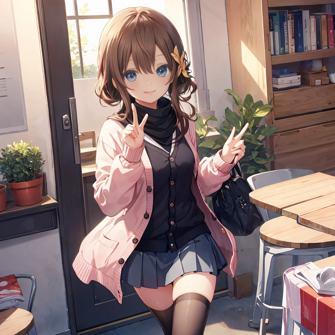 Smile,best Smile,double Peace,cardigan,miniskirt,masterpiece,best quality,ultra detailed,high resolution,extremely detailed CG, (perfect hand),