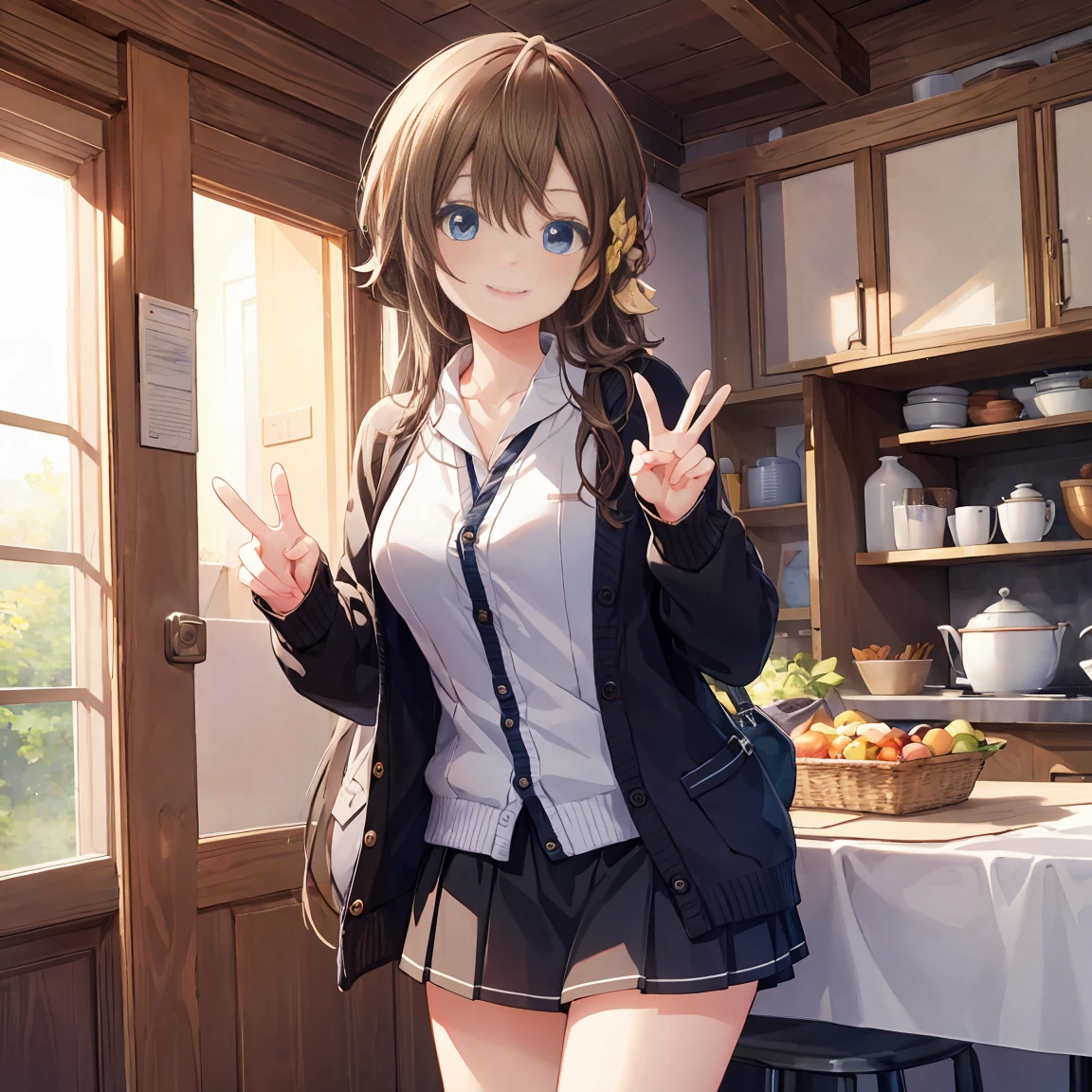 Smile,best Smile,double Peace,cardigan,miniskirt,masterpiece,best quality,ultra detailed,high resolution,extremely detailed CG, (perfect hand),