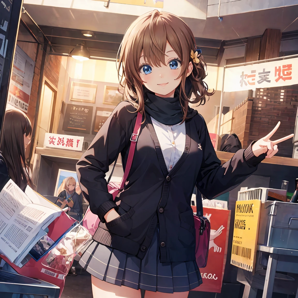 Smile,best Smile,double Peace,cardigan,miniskirt,masterpiece,best quality,ultra detailed,high resolution,extremely detailed CG, (perfect hand),