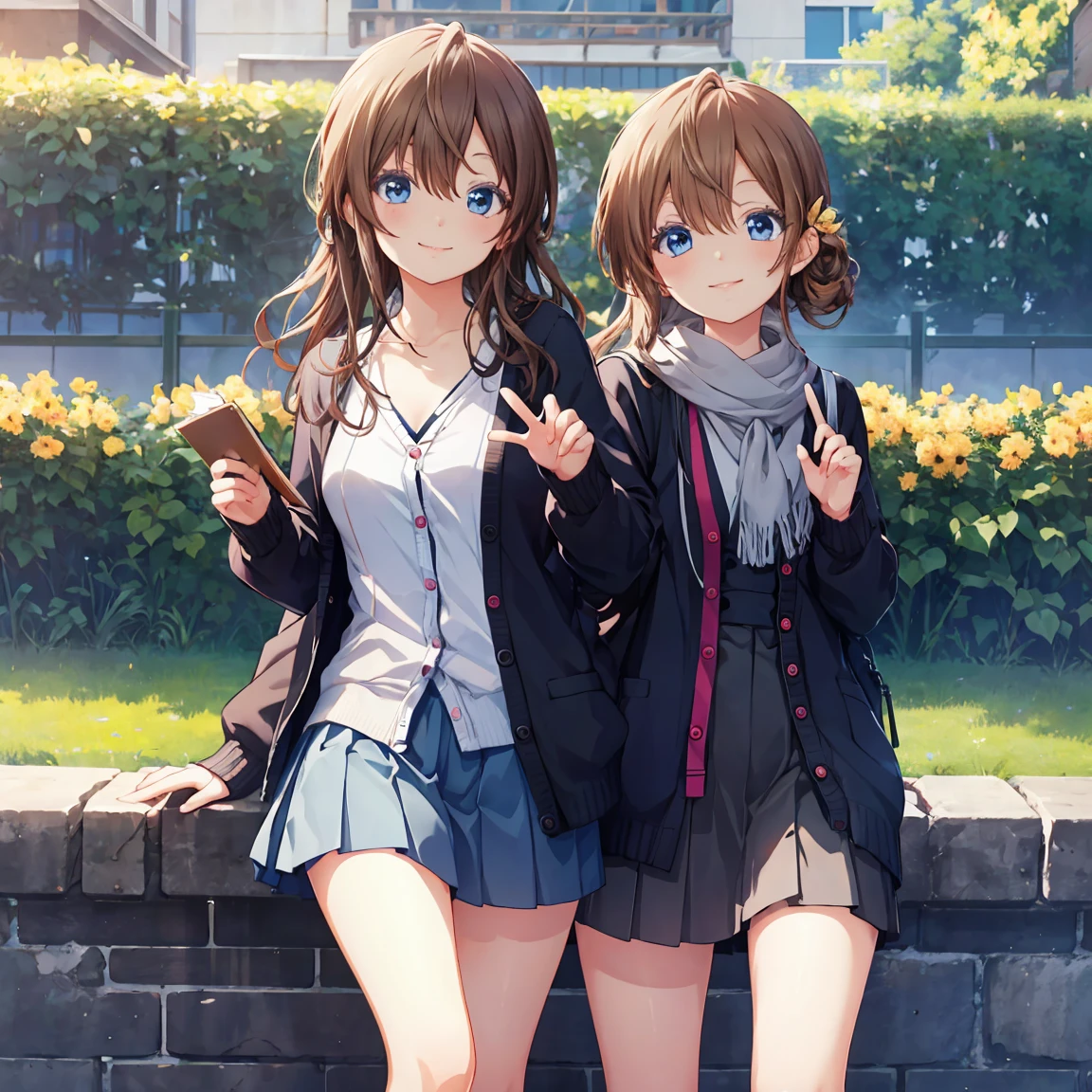 Smile,best Smile,double Peace,cardigan,miniskirt,masterpiece,best quality,ultra detailed,high resolution,extremely detailed CG, (perfect hand),