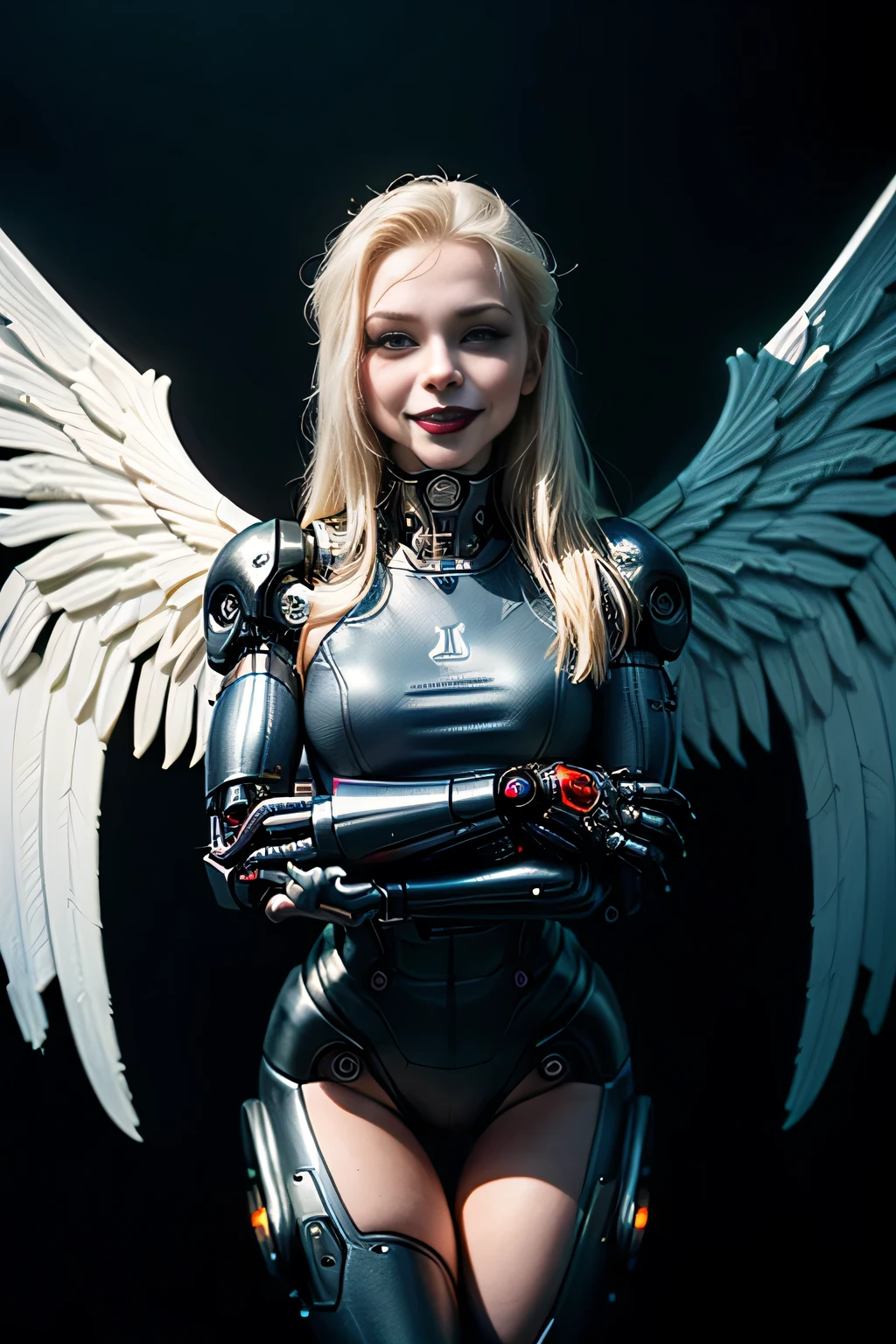 (masterpiece, photorealistic:1.4, extremely intricate:1.3, radiosity, photon mapping, dtx, 8K), ((((solo, 1girl) athletic assassin, (albino, albino, smirking, black lipstick, (mechanical arm, cyborg, machine metal angel wings))), makeup:1.0)), dark room, dark background, black background, solo, 