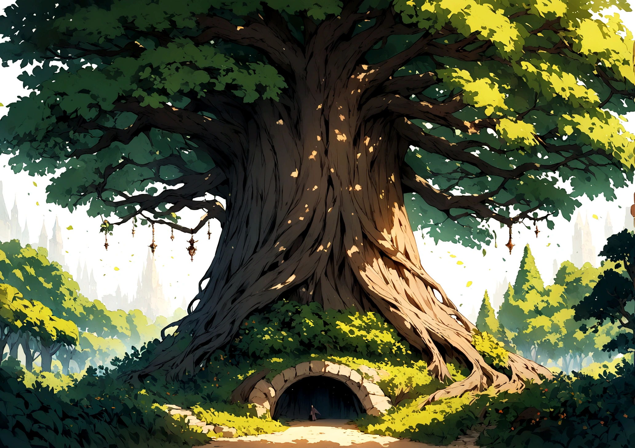 create a background for a fantasy medieval setting in the center is a big tree in a forest filled with bushes and plants the front is flat ground with dirt make sure there's no white background and make it eye level make the tree is highly detailed and the tree make the main center tree have many skinny branches popping out make the trees unique looking add lots of shadows and shading make it seem magical