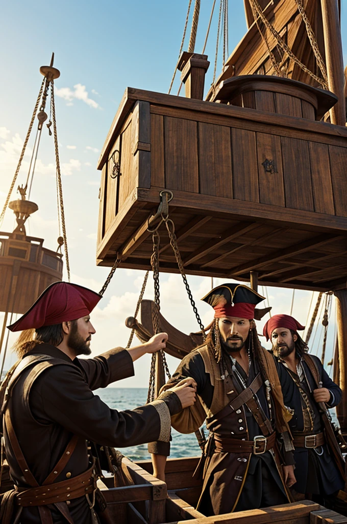 Three pirates loading wooden boxes onto a pirate ship
