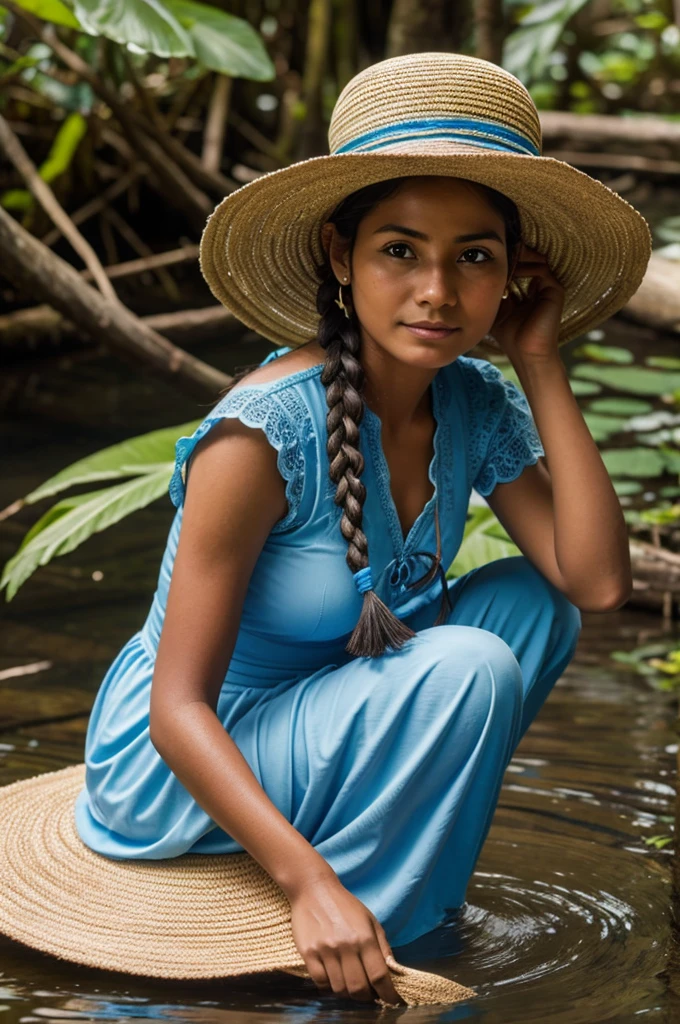 Draw a water blue lady with a typical nariño hat - Colombia, and that their braids are roots that sprout to give life to a beautiful ecosystem