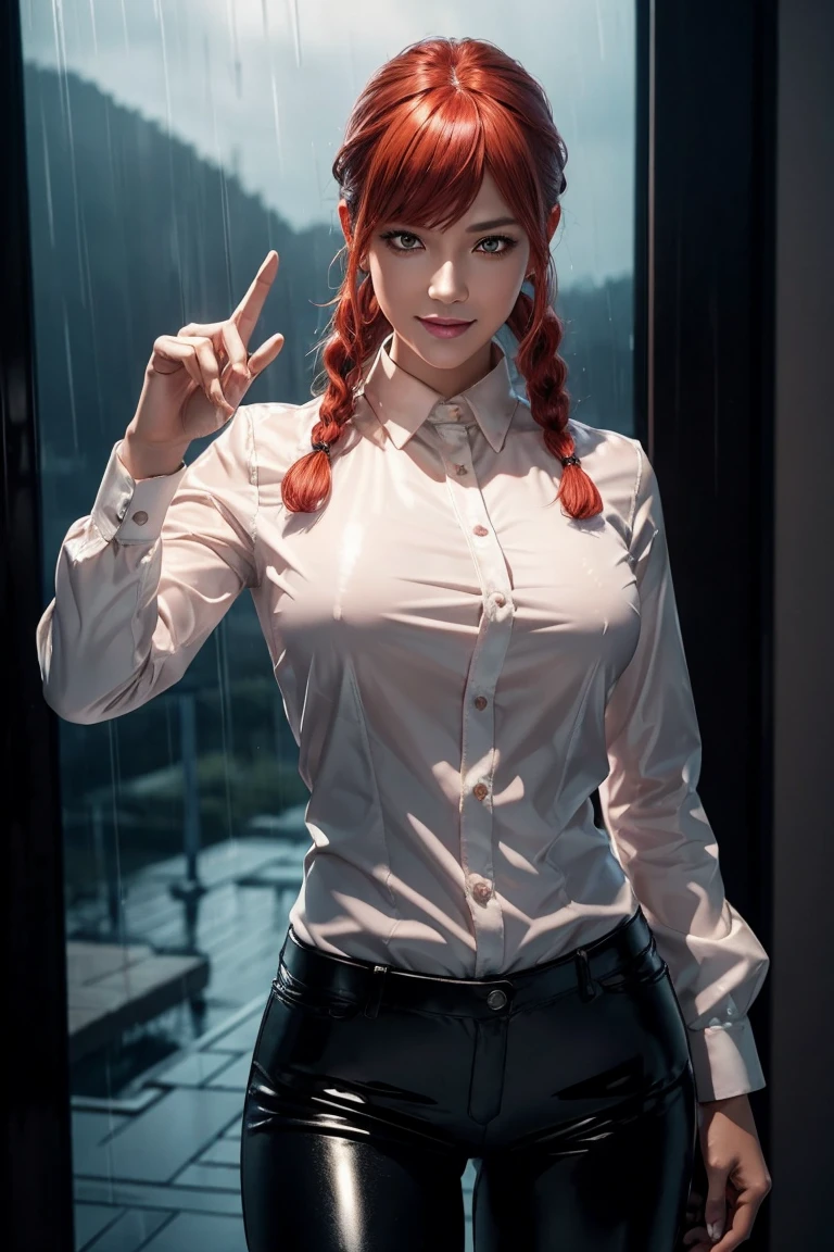 Chainsaw Man,Makima,With bangs,Red Hair,Braids at the back,Golden Eyes,White long sleeve shirt,Black tie,Black Leather Pants,Ultra HD,super high quality,masterpiece,Digital SLR,Photorealistic,Detailed details,Vivid details,Depicted in detail,A detailed face,Detailed details,Super Detail,Realistic skin texture,Anatomical basis,Perfect Anatomy,Anatomically correct hand,Anatomically correct fingers,Complex 3D rendering,Sexy pose,Rainy Sky,Beautiful scenery,Fantastic rainy sky,Picturesque,Pink Lips,smile,