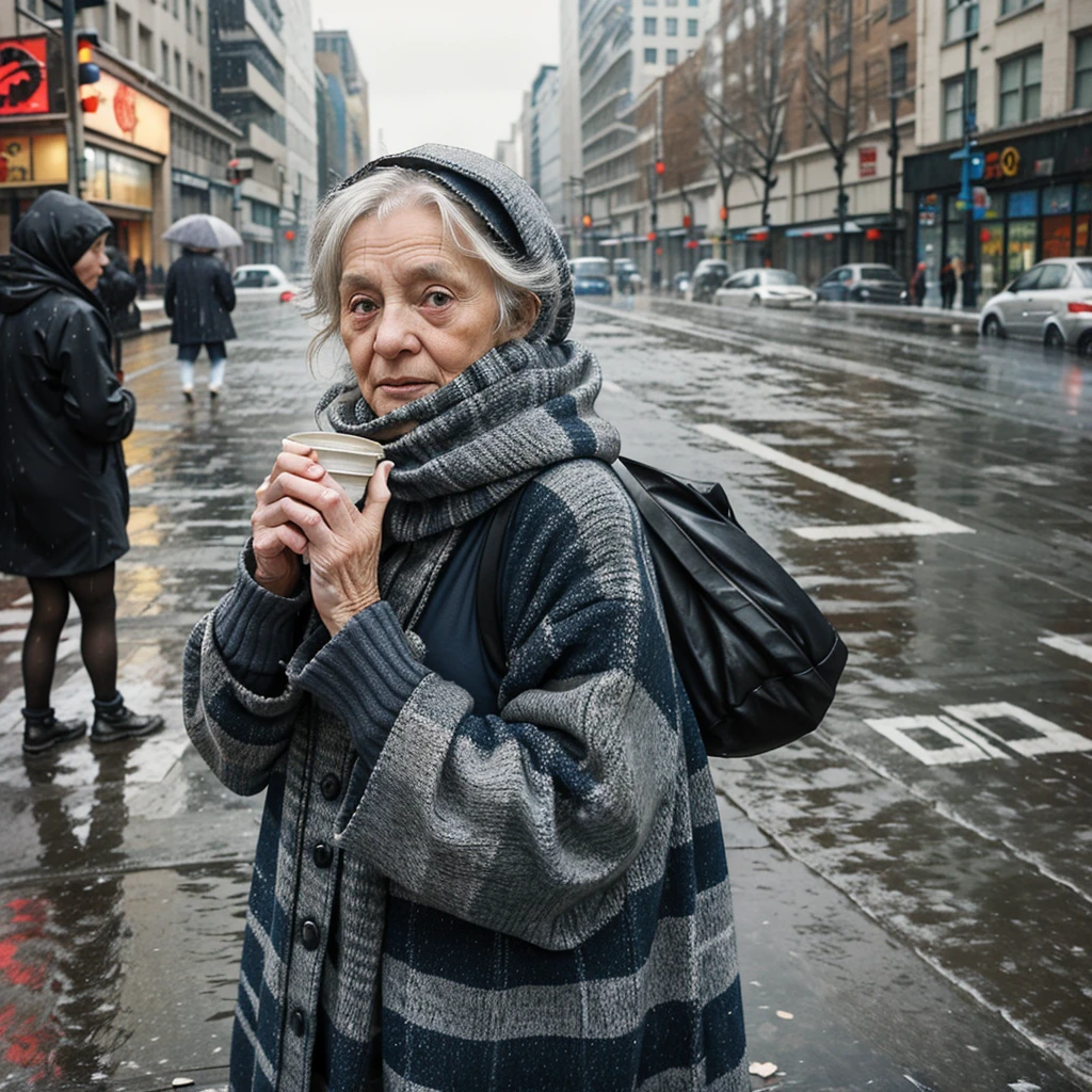 poor old woman, with torn and old clothes, in winter asking for money on the street, in a big city, in the middle of winter with a lot of rain, wind and cold. People ignore her.