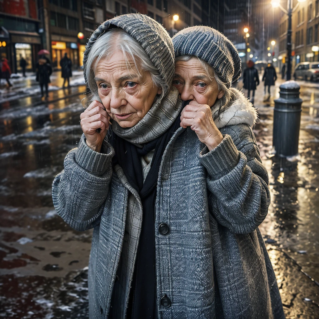 poor old woman, with torn and old clothes, in winter asking for money on the street, in a big city, in the middle of winter with a lot of rain, wind and cold. People ignore her.