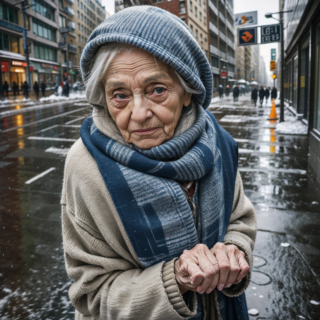 poor old woman, with torn and old clothes, in winter asking for money on the street, in a big city, in the middle of winter with a lot of rain, wind and cold. People ignore her.