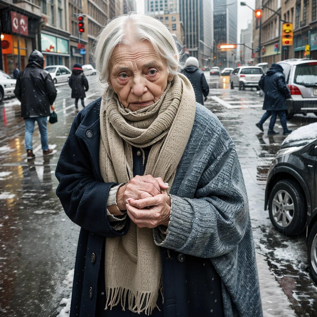 poor old woman, with torn and old clothes, in winter asking for money on the street, in a big city, in the middle of winter with a lot of rain, wind and cold. People ignore her.