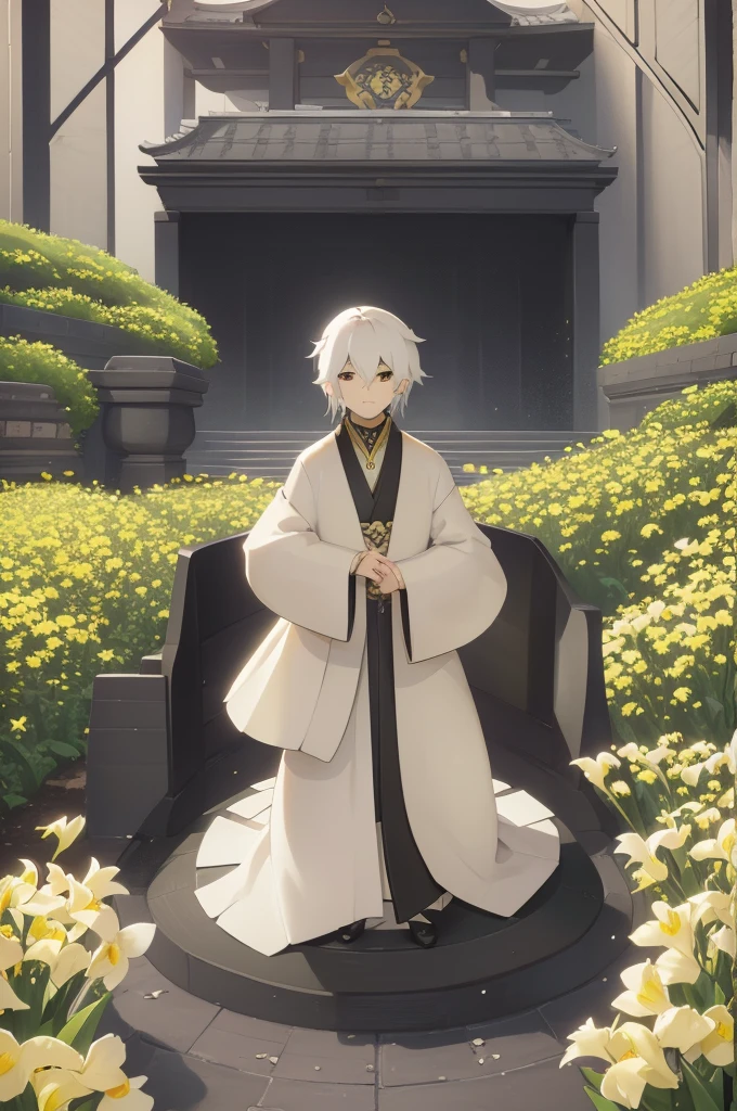 Man, white hair, chinese, peasant robes, one yellow iris, one black iris.