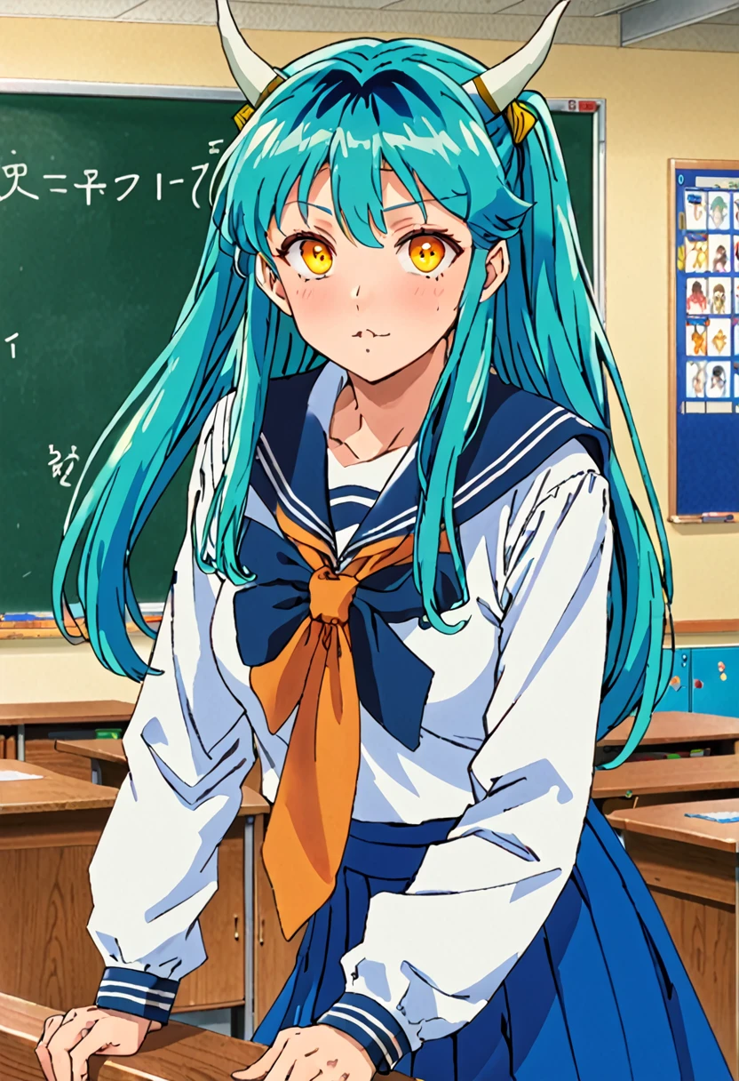 score_9, score_8_up, score_7_up, source_anime,
uruseiyatsuralum, lum, long hair, bangs, blue hair, orange eyes, horns, pointy ears, aqua hair, oni horns, eyeshadow,
shirt, long sleeves, , serafuku, sailor collar, neckerchief, yellow neckerchief, shirt, blue shirt, blue sailor collar, blue skirt,
indoors, classroom, flying,
looking at viewer, cowboy shot, dutch angle,