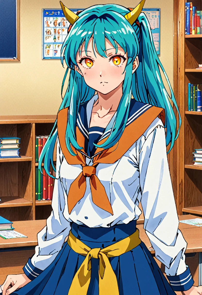 score_9, score_8_up, score_7_up, source_anime,
uruseiyatsuralum, lum, long hair, bangs, blue hair, orange eyes, horns, pointy ears, aqua hair, oni horns, eyeshadow,
shirt, long sleeves, , serafuku, sailor collar, neckerchief, yellow neckerchief, shirt, blue shirt, blue sailor collar, blue skirt,
indoors, classroom, flying,
looking at viewer, cowboy shot, dutch angle,
