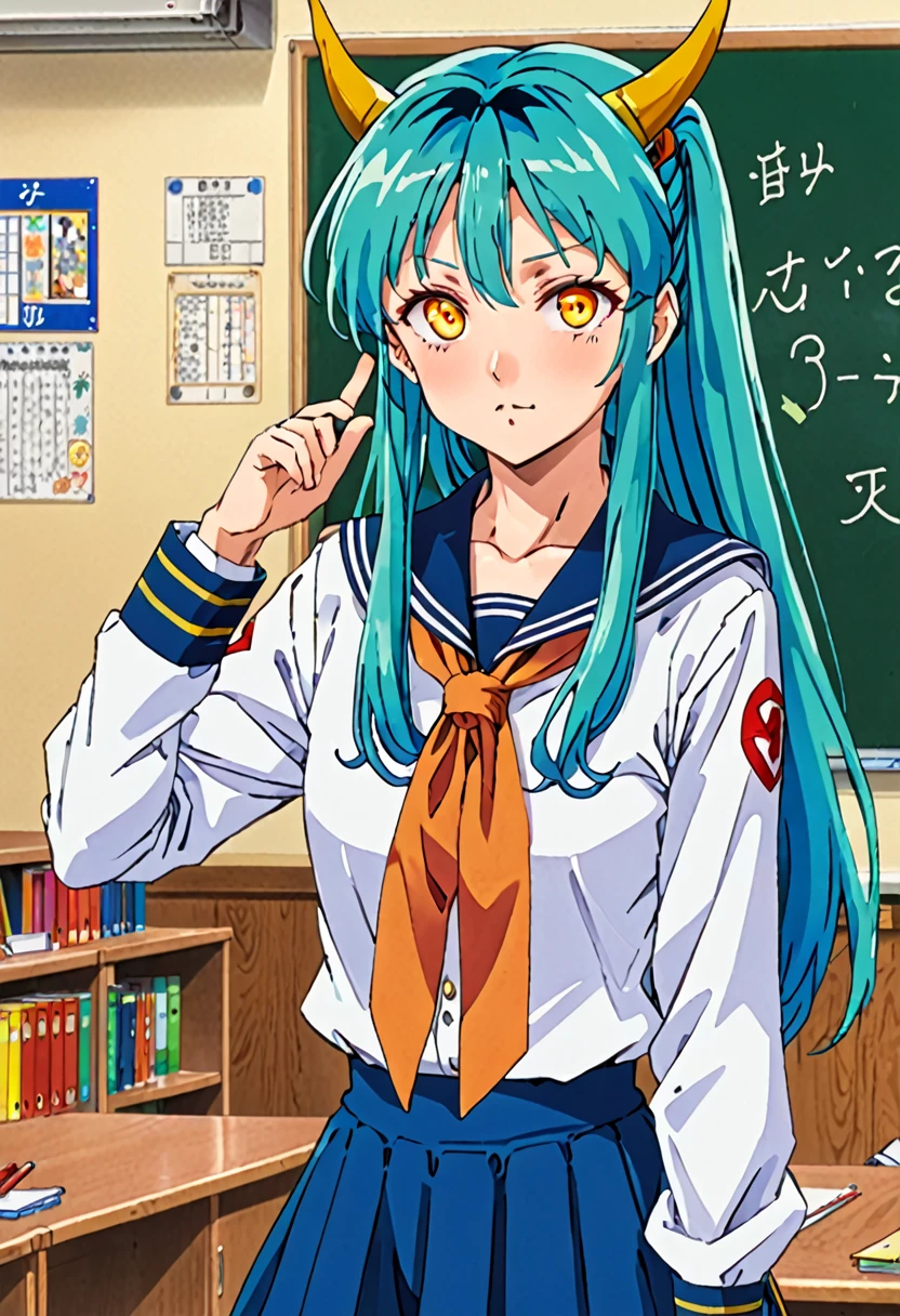 score_9, score_8_up, score_7_up, source_anime,
uruseiyatsuralum, lum, long hair, bangs, blue hair, orange eyes, horns, pointy ears, aqua hair, oni horns, eyeshadow,
shirt, long sleeves, , serafuku, sailor collar, neckerchief, yellow neckerchief, shirt, blue shirt, blue sailor collar, blue skirt,
indoors, classroom, flying,
looking at viewer, cowboy shot, dutch angle,